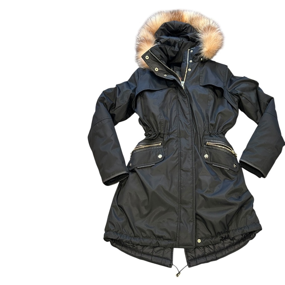 Tumi Black Parka Coat with Faux Fur Trim